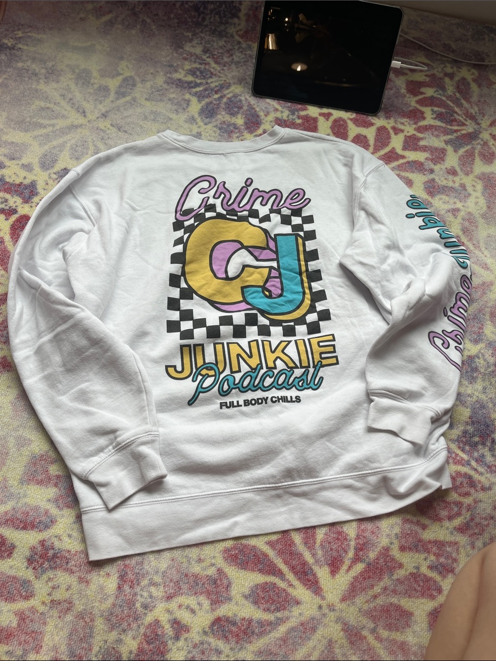 Crime Junkie Podcast Graphic Sweatshirt — White with Yellow, Teal, Pink Accents